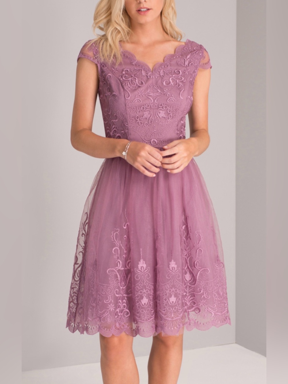 Chi Chi London Mauve Lace Tea-Length Dress